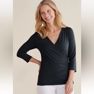 Soft Surroundings Alyssa Faux Wrap Front Top Pima Cotton Black V Neck XS new nwt